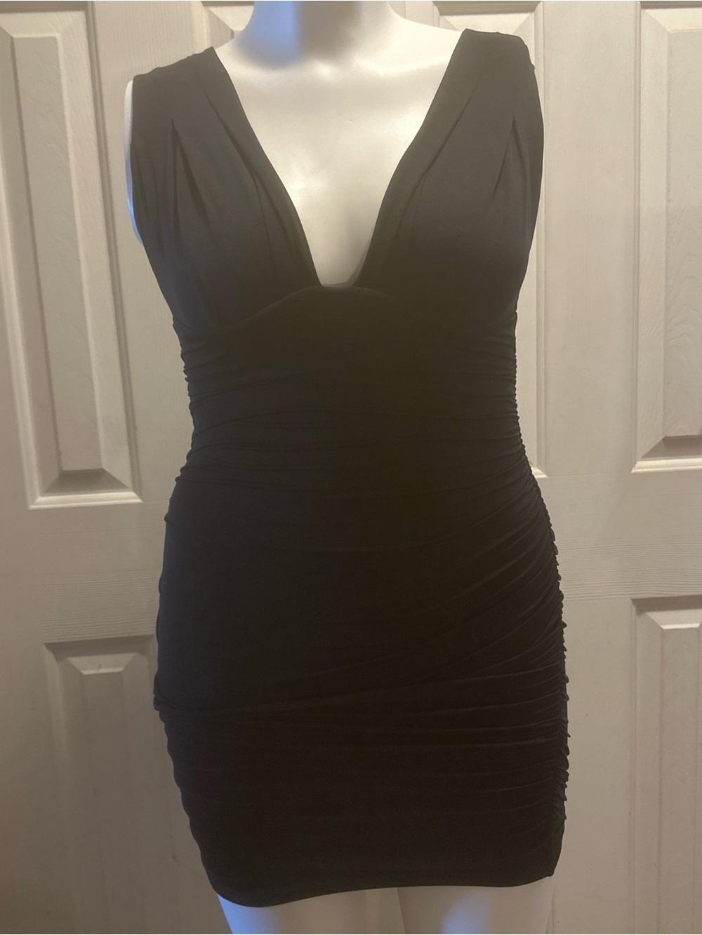 Ruched Plunge V-Neck Black Mini Dress